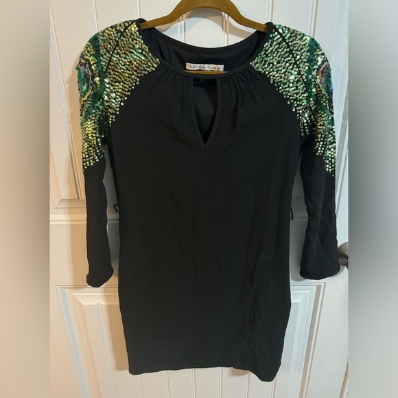 Trina Turk Peacock Sequin Sleeve Black Mini Dress - Picture 4 of 7